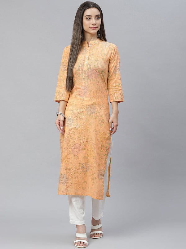 Indibelle Cotton Orange Lurex Floral Print Straight Kurta