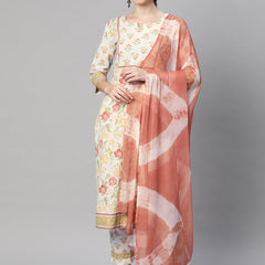 Indibelle Cotton Floral print Straight Kurta (Off White)