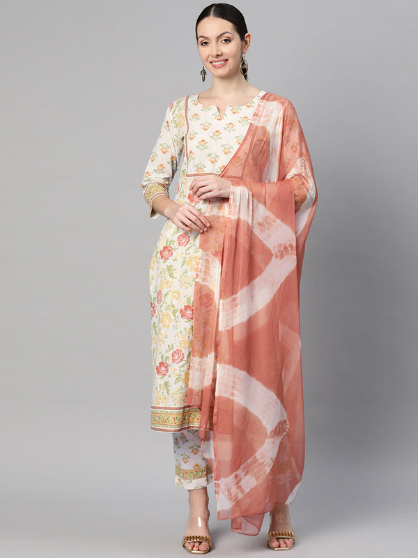 Indibelle Cotton Floral print Straight Kurta (Off White)