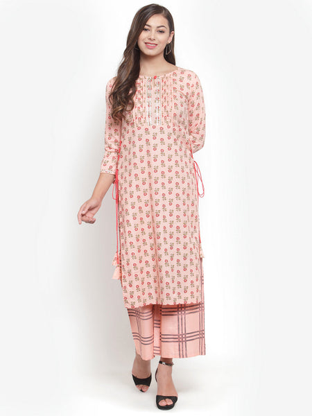 Indibelle Women Peach Cotton Flax Floral Print Straight Kurta