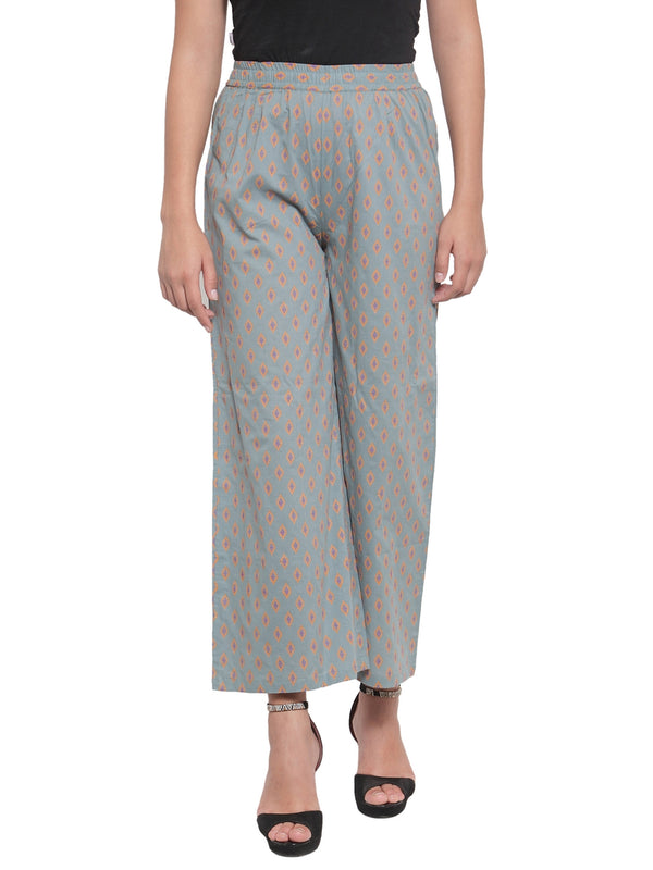 Indibelle Cotton Ethnic Motifs Print Plazzo Pants (Grey)