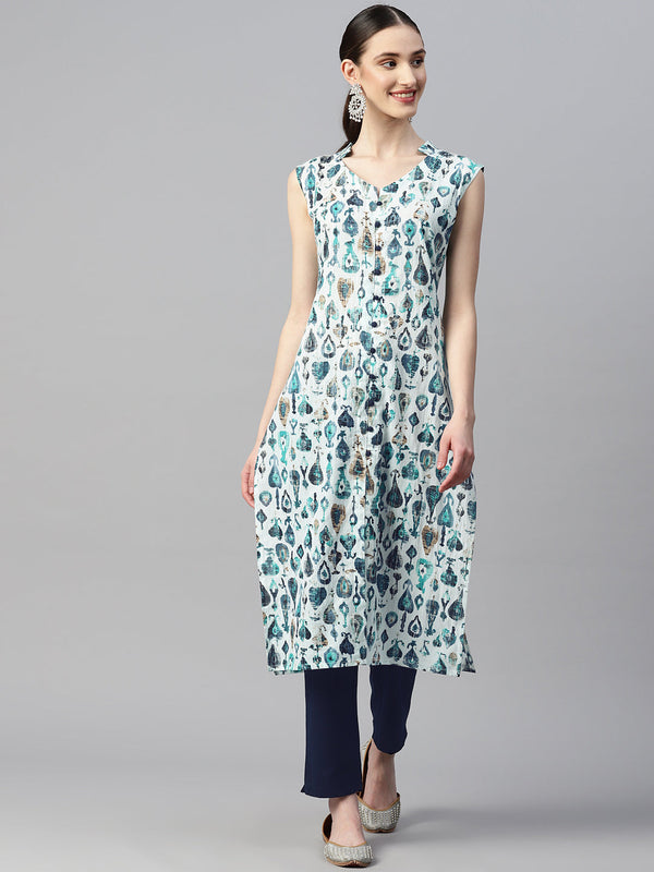 Indibelle Cotton Lurex Teal Abstract Print Kurta