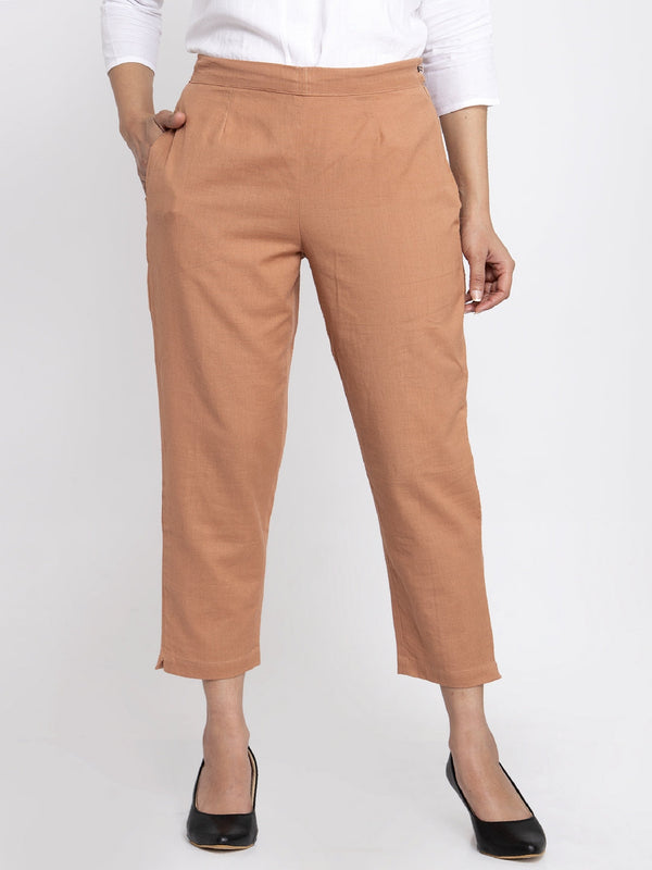 Indibelle Cotton Solid Peach Trousers