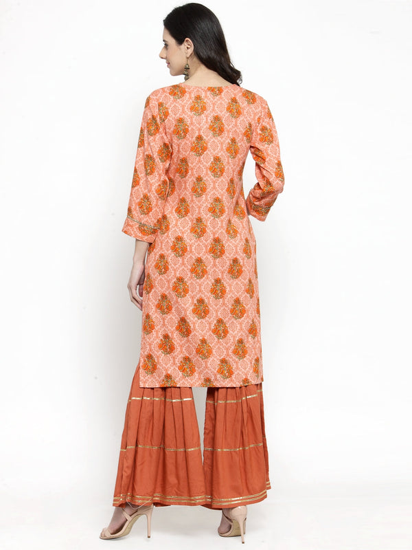 Indibelle rayon printed peach straight kurta set