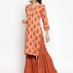 Indibelle rayon printed peach straight kurta set