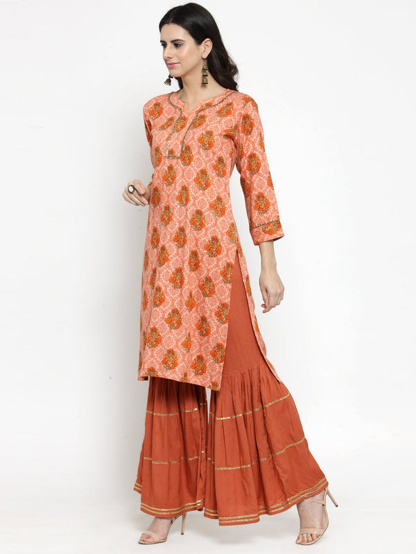 Indibelle rayon printed peach straight kurta set