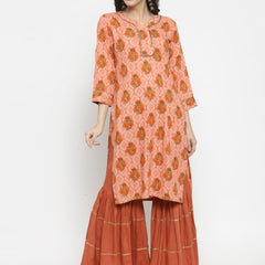 Indibelle rayon printed peach straight kurta set