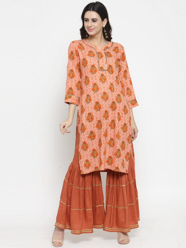 Indibelle rayon printed peach straight kurta set