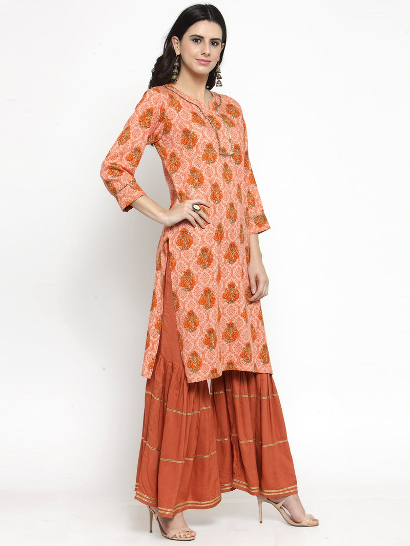 Indibelle rayon printed peach straight kurta