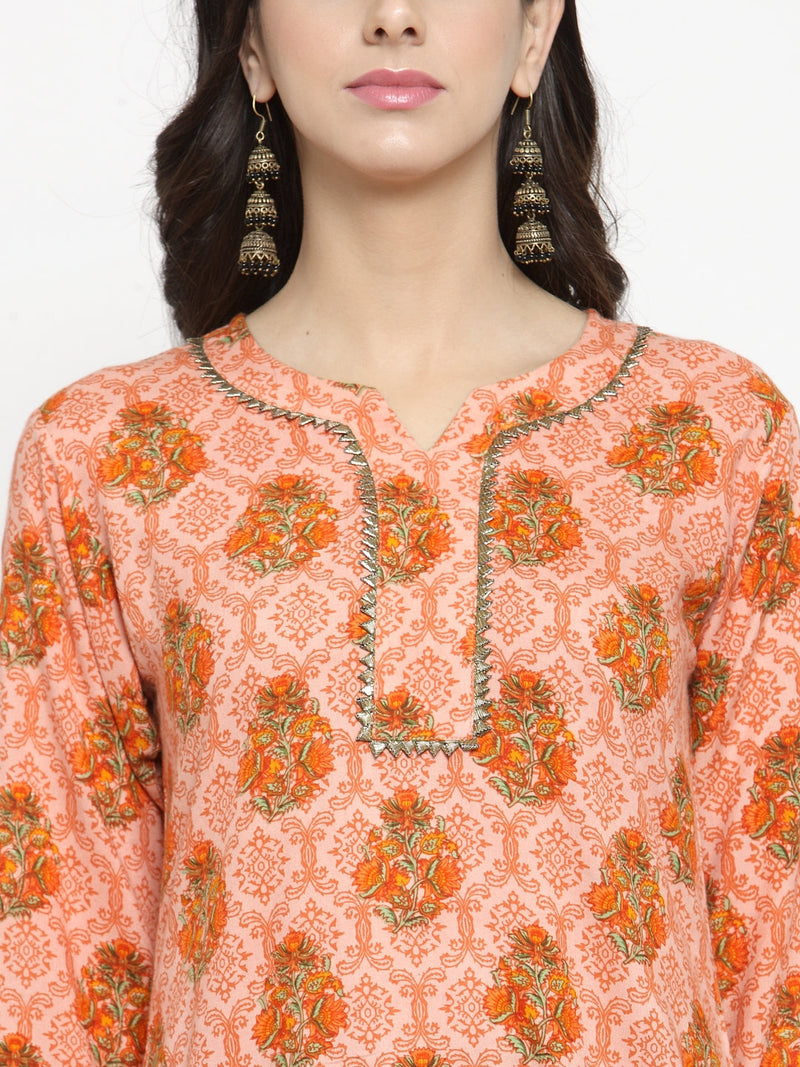 Indibelle rayon printed peach straight kurta