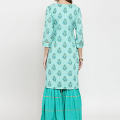 Indibelle rayon printed tealblue straight kurta set