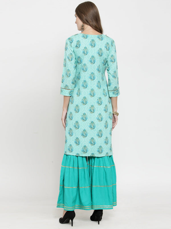 Indibelle rayon printed tealblue straight kurta set