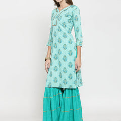 Indibelle rayon printed tealblue straight kurta