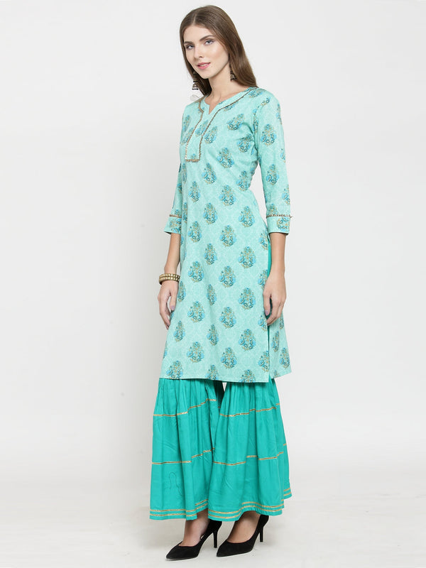 Indibelle rayon printed tealblue straight kurta