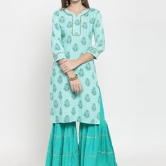 Indibelle rayon printed tealblue straight kurta set