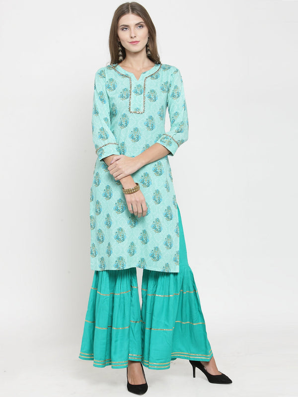 Indibelle rayon printed tealblue straight kurta