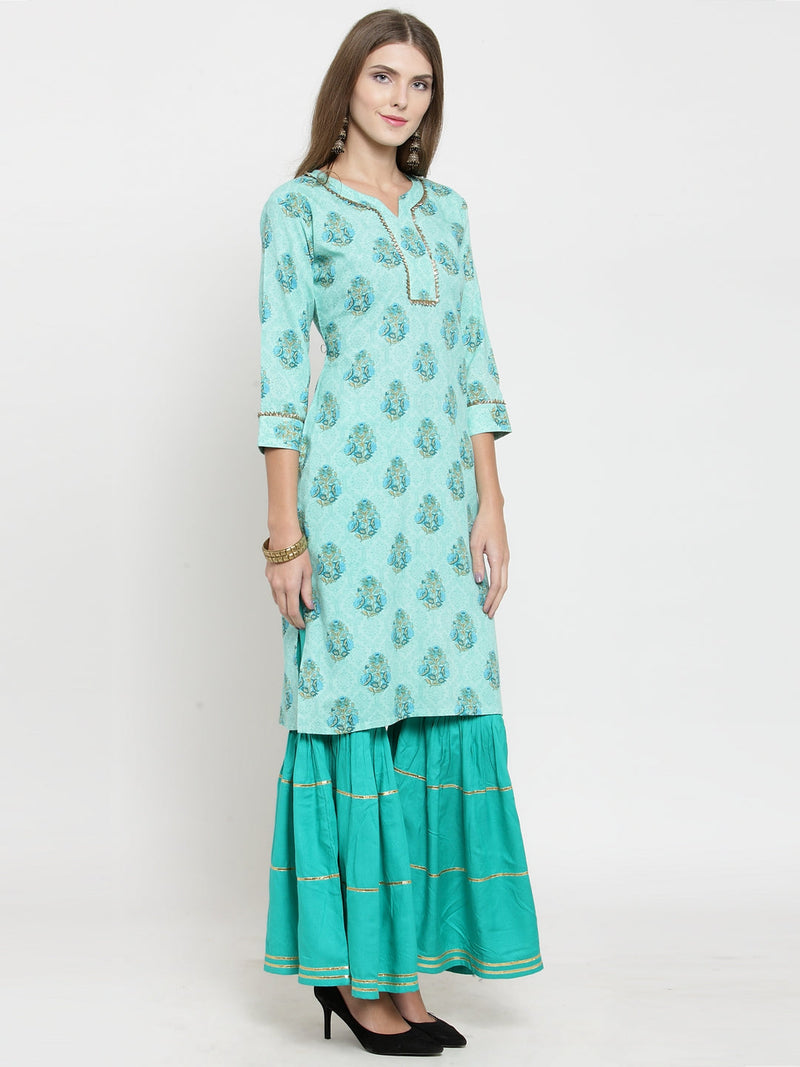 Indibelle rayon printed tealblue straight kurta