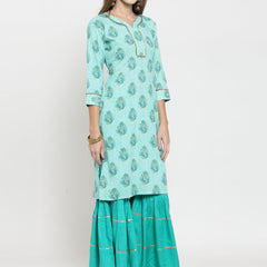 Indibelle rayon printed tealblue straight kurta