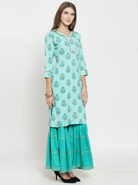 Indibelle rayon printed tealblue straight kurta