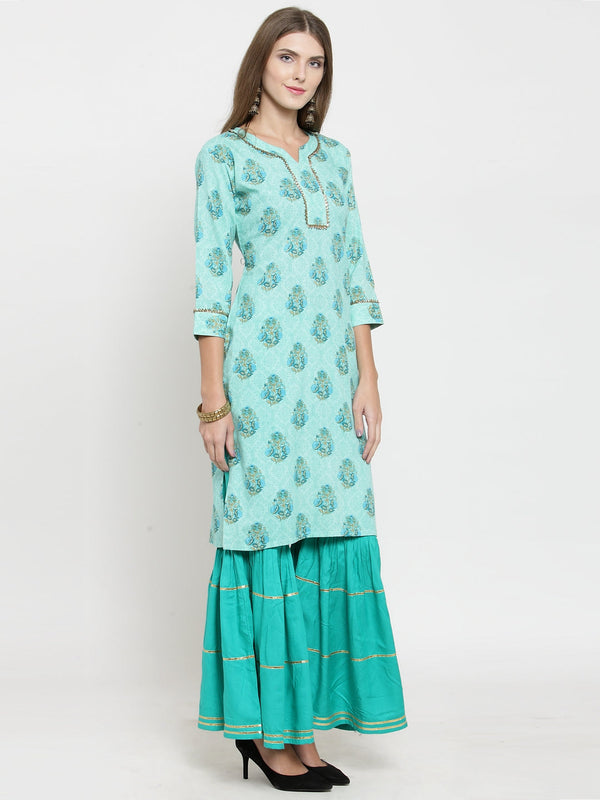 Indibelle rayon printed tealblue straight kurta set