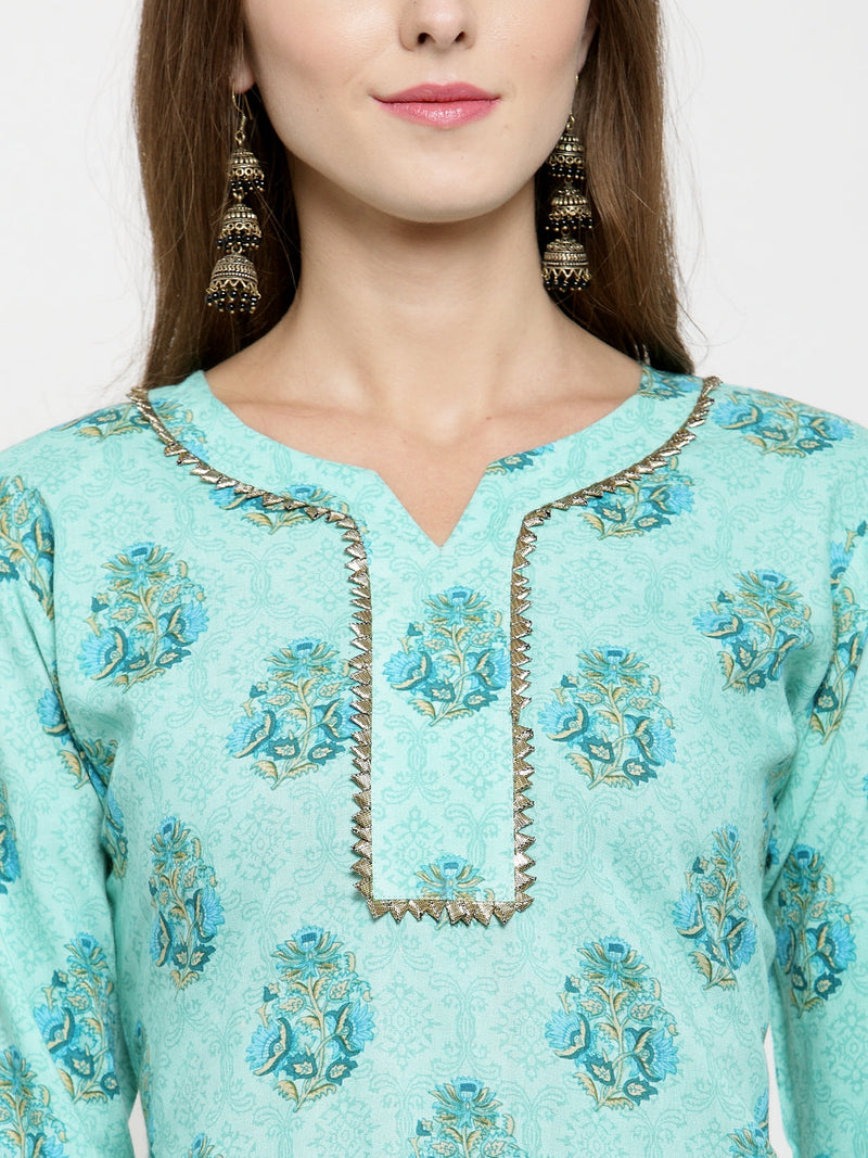 Indibelle rayon printed tealblue straight kurta