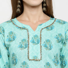 Indibelle rayon printed tealblue straight kurta