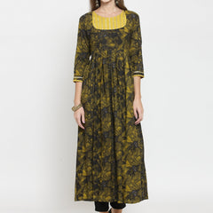 Indibelle rayon mustard abstract print kurta