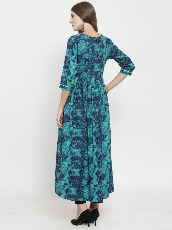 Indibelle rayon teal blue abstract print kurta set