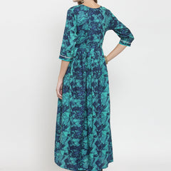 Indibelle rayon teal blue abstract print kurta