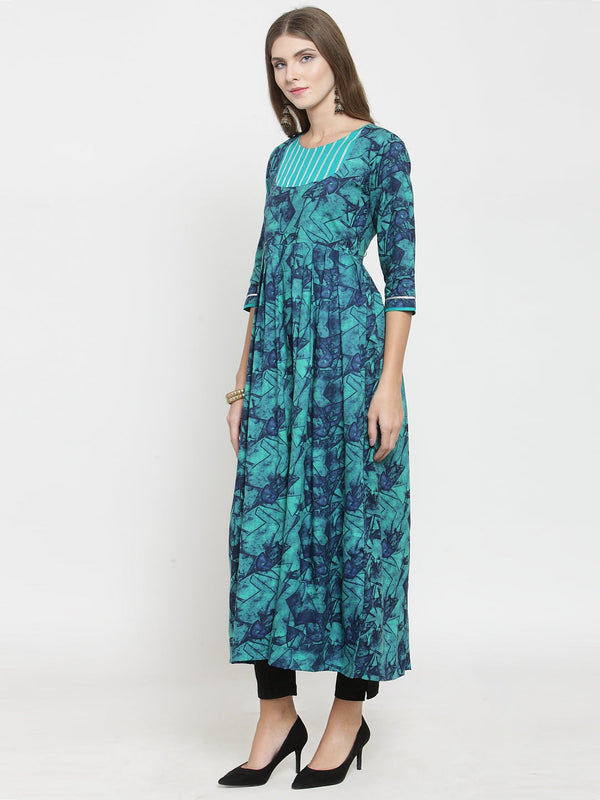 Indibelle rayon teal blue abstract print kurta set