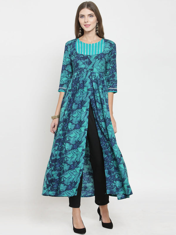 Indibelle rayon teal blue abstract print kurta set