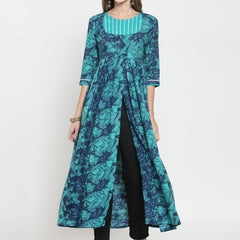 Indibelle rayon teal blue abstract print kurta