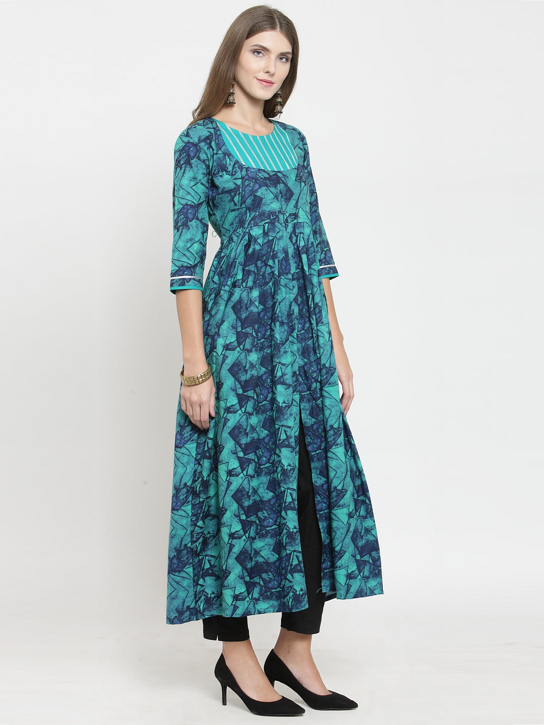 Indibelle rayon teal blue abstract print kurta