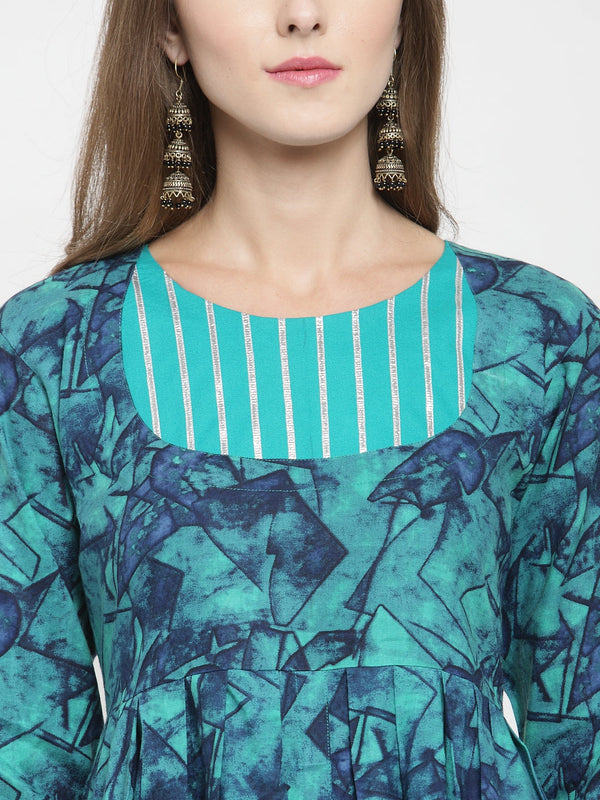 Indibelle rayon teal blue abstract print kurta set