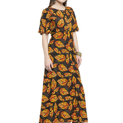 Indibelle Black Rayon Leaf Print A- Line Kurta