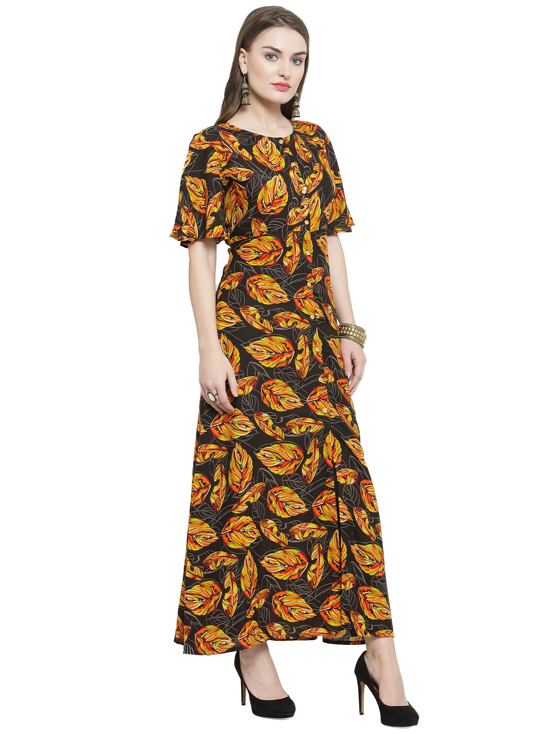 Indibelle Black Rayon Leaf Print A- Line Kurta