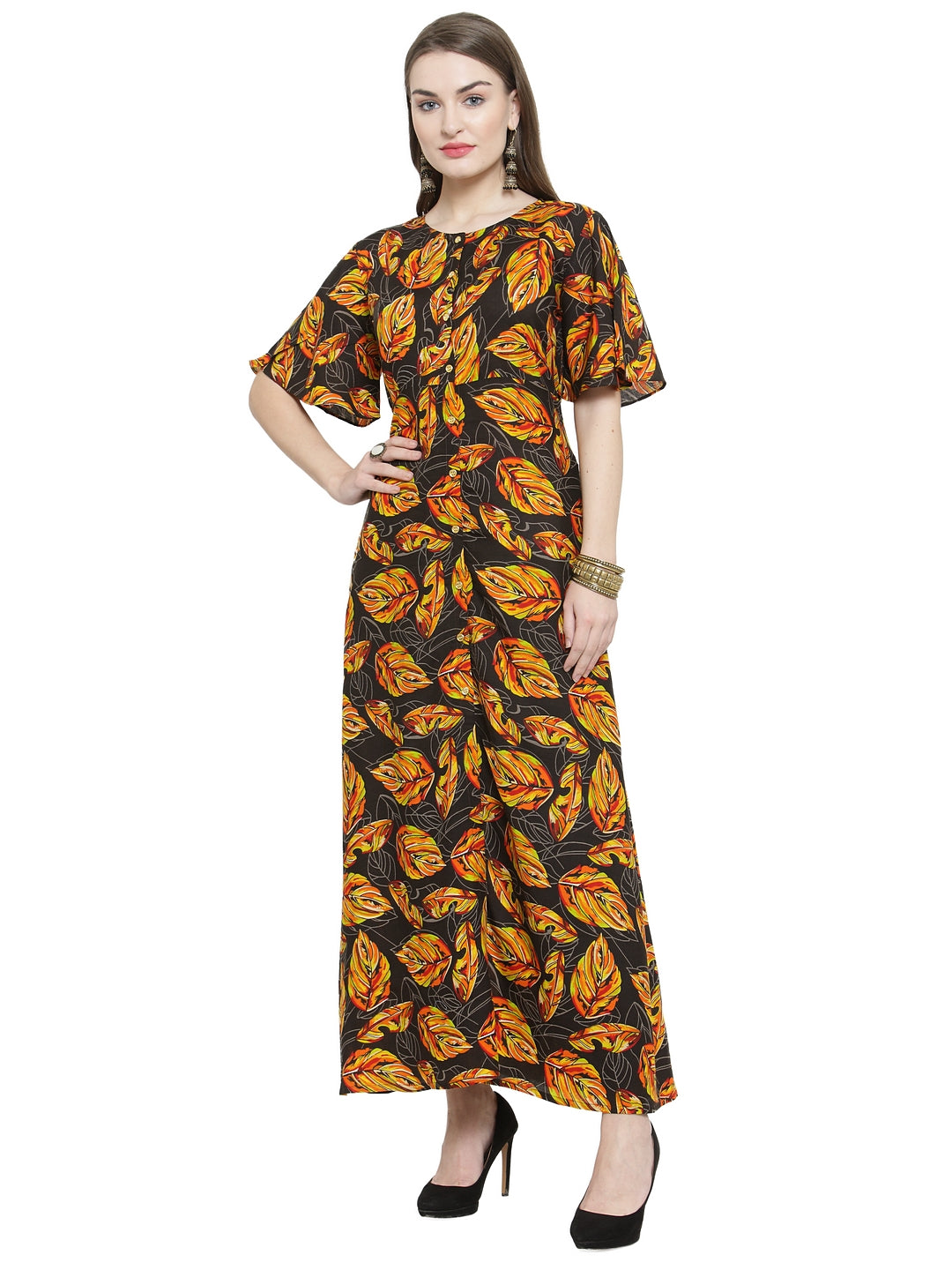 Indibelle Black Rayon Leaf Print A- Line Kurta