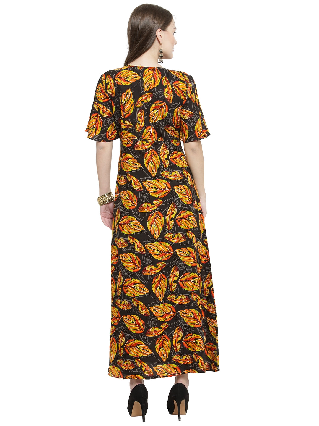 Indibelle Black Rayon Leaf Print A- Line Kurta