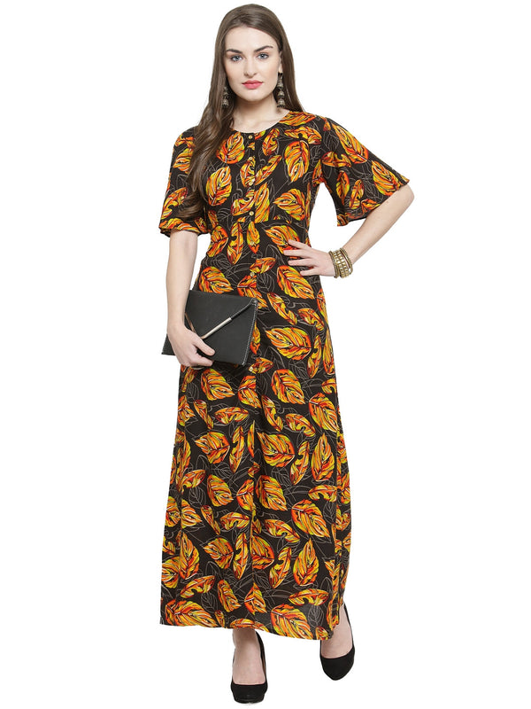 Indibelle Black Rayon Leaf Print A- Line Kurta