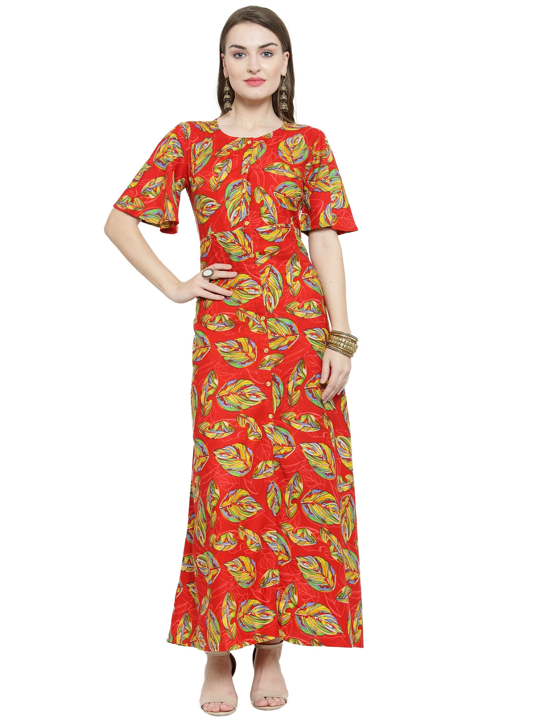 Indibelle Red Rayon Leaf Print A- Line Kurta