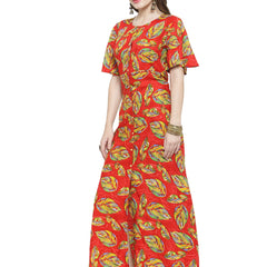Indibelle Red Rayon Leaf Print A- Line Kurta