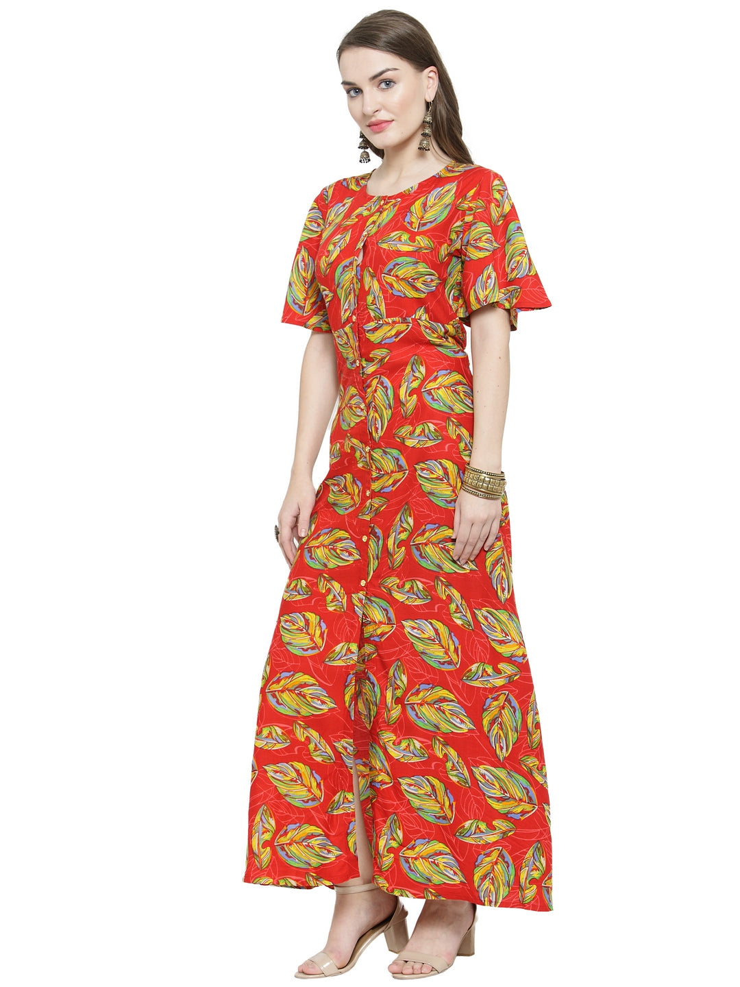 Indibelle Red Rayon Leaf Print A- Line Kurta