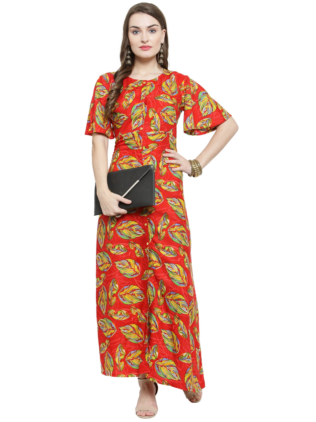 Indibelle Red Rayon Leaf Print A- Line Kurta