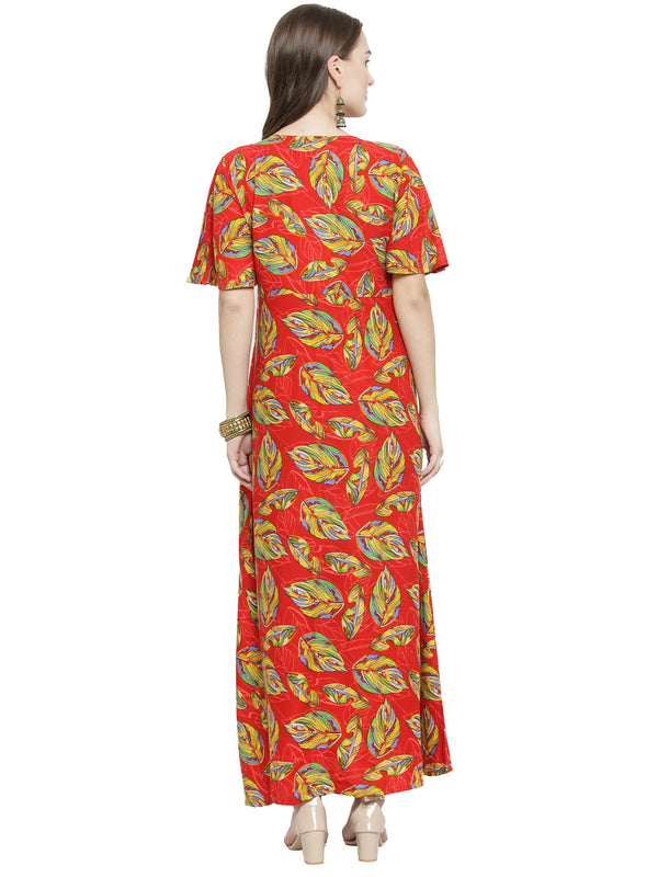 Indibelle Red Rayon Leaf Print A- Line Kurta
