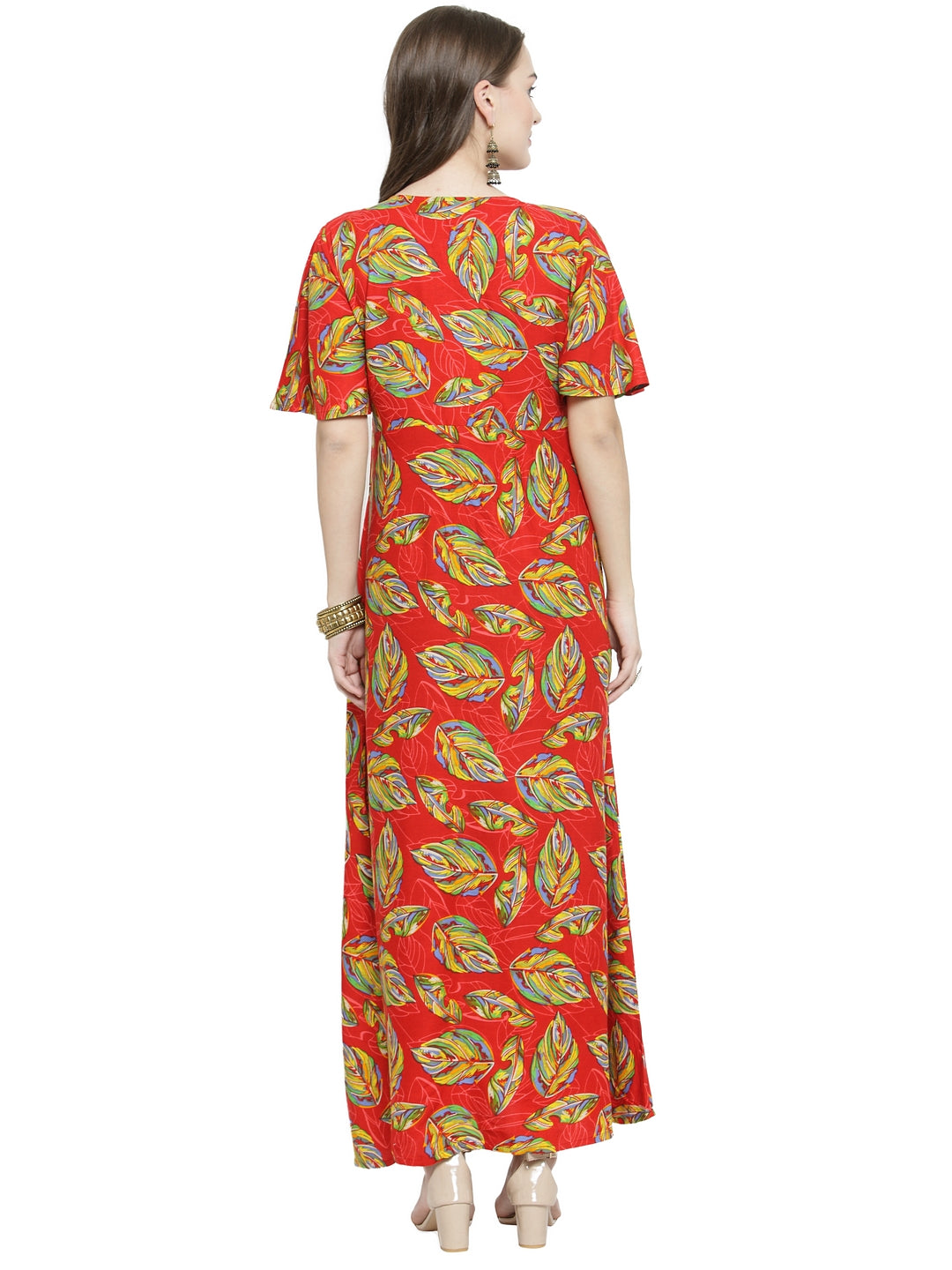 Indibelle Red Rayon Leaf Print A- Line Kurta