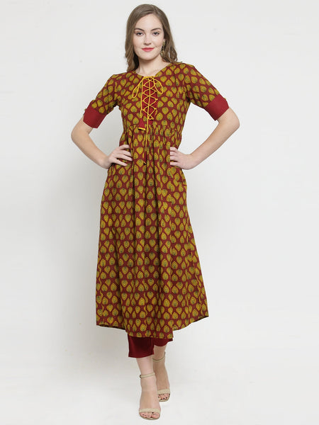Indibelle Maroon cotton A-line kurta 