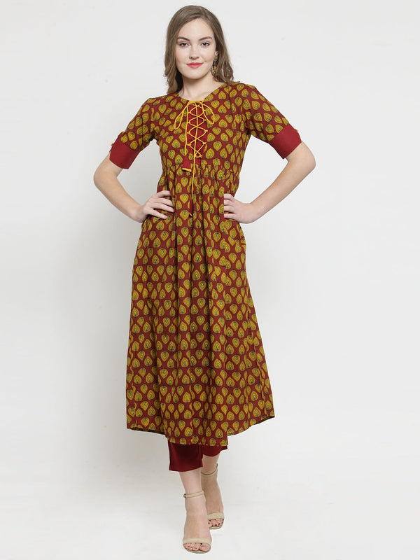 Indibelle Maroon cotton A-line kurta 
