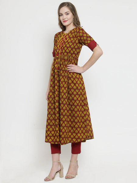 Indibelle Maroon cotton A-line kurta 
