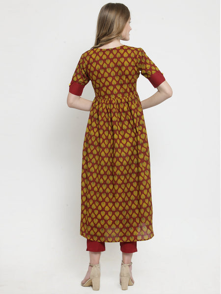 Indibelle Maroon cotton A-line kurta 