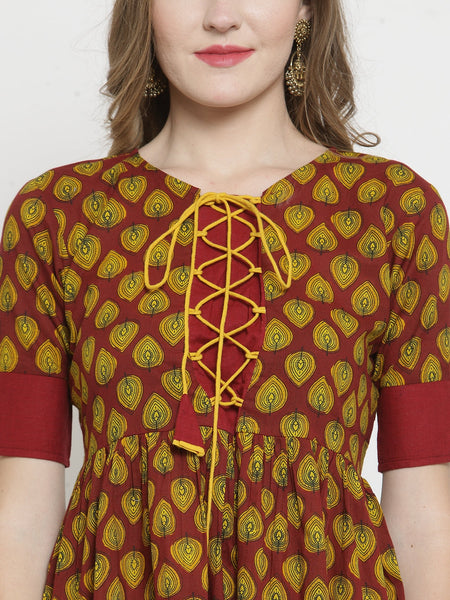 Indibelle Maroon cotton A-line kurta 